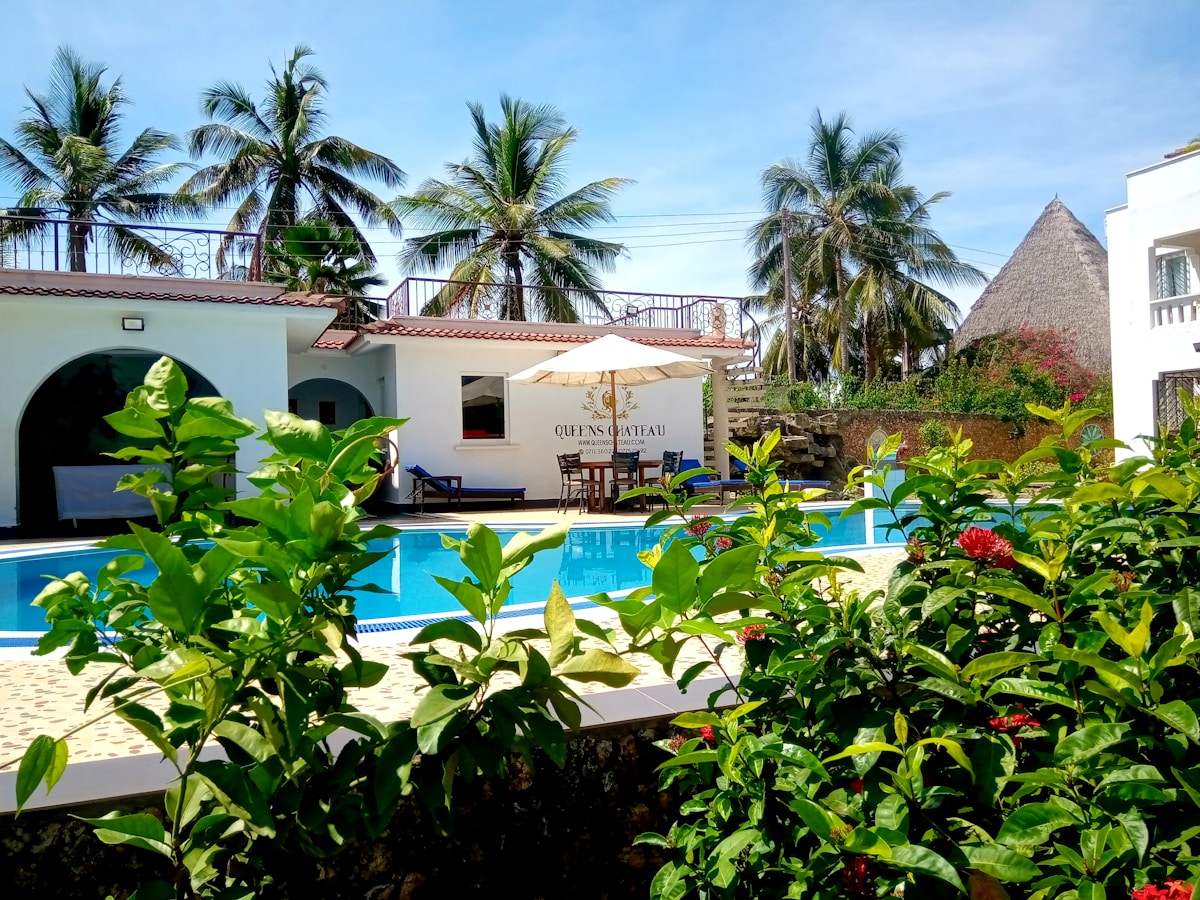 Diani Beach white sand and turquoise Indian Ocean water with palm trees