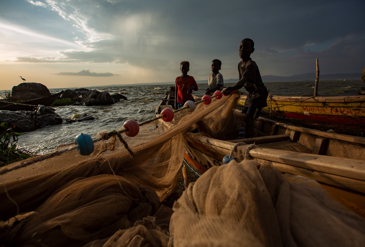 Lake Victoria shoreline near Kisumu at sunset with fishing boats