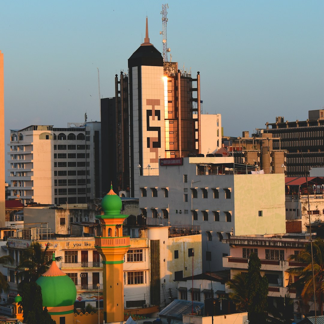 Mombasa cityscape at sunset showing mosque minarets and colonial-era buildings