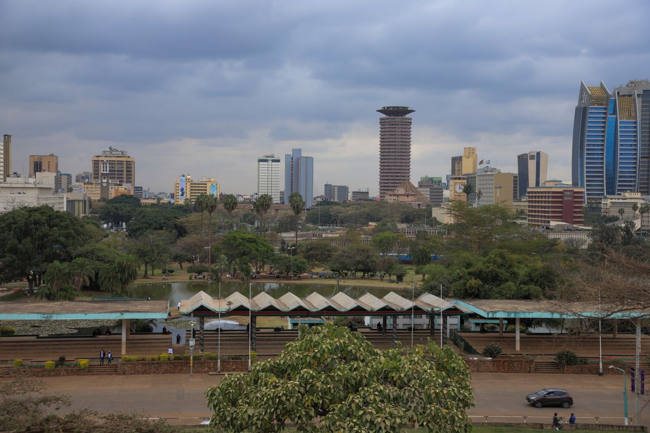 Nairobi city skyline with the KICC tower seen from Uhuru Park