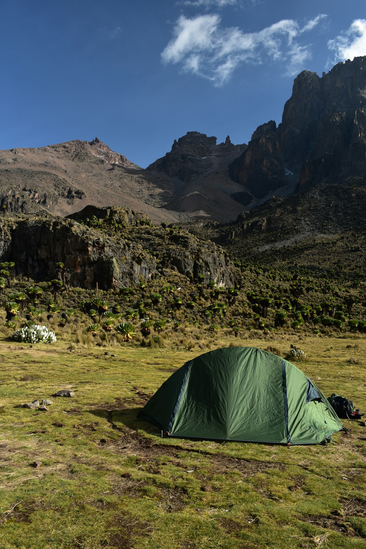 Green camping tent pitched below the rocky peaks of Mount Kenya in the highland moorland