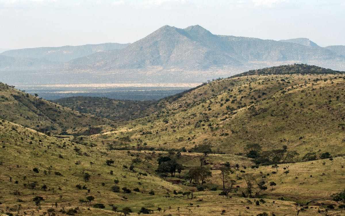 Rolling green hills and volcanic peak at Lewa Wildlife Conservancy, Kenya
