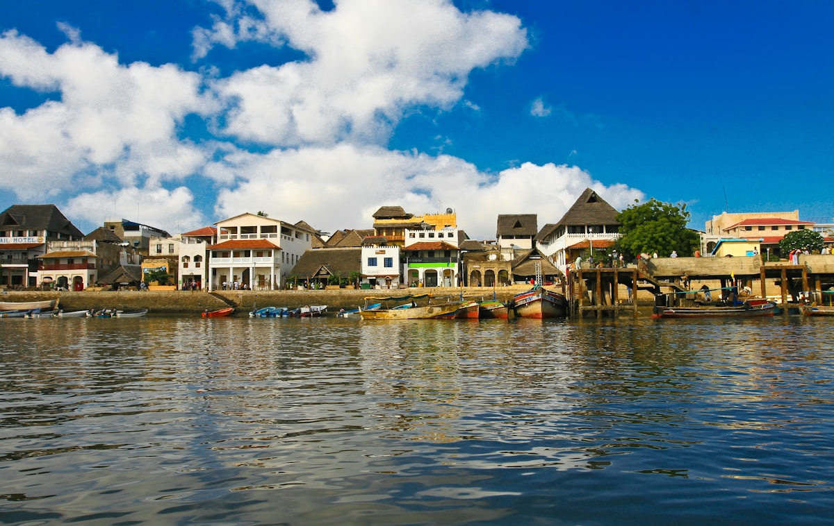 Lamu Old Town waterfront viewed from the water, showing traditional Swahili whitewashed buildings and wooden fishing boats moored at the jetty, Kenya