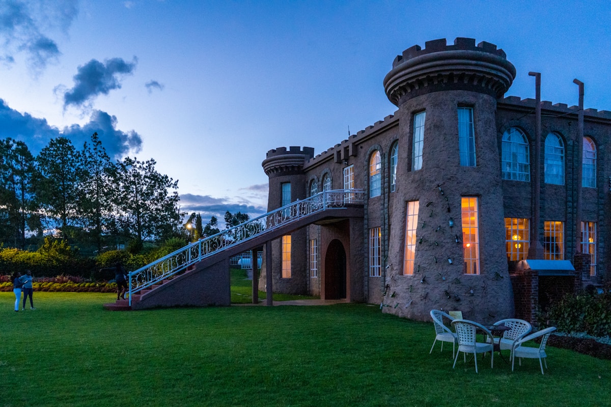 Tafaria Castle lodge at dusk in the Kenya highlands near Nanyuki