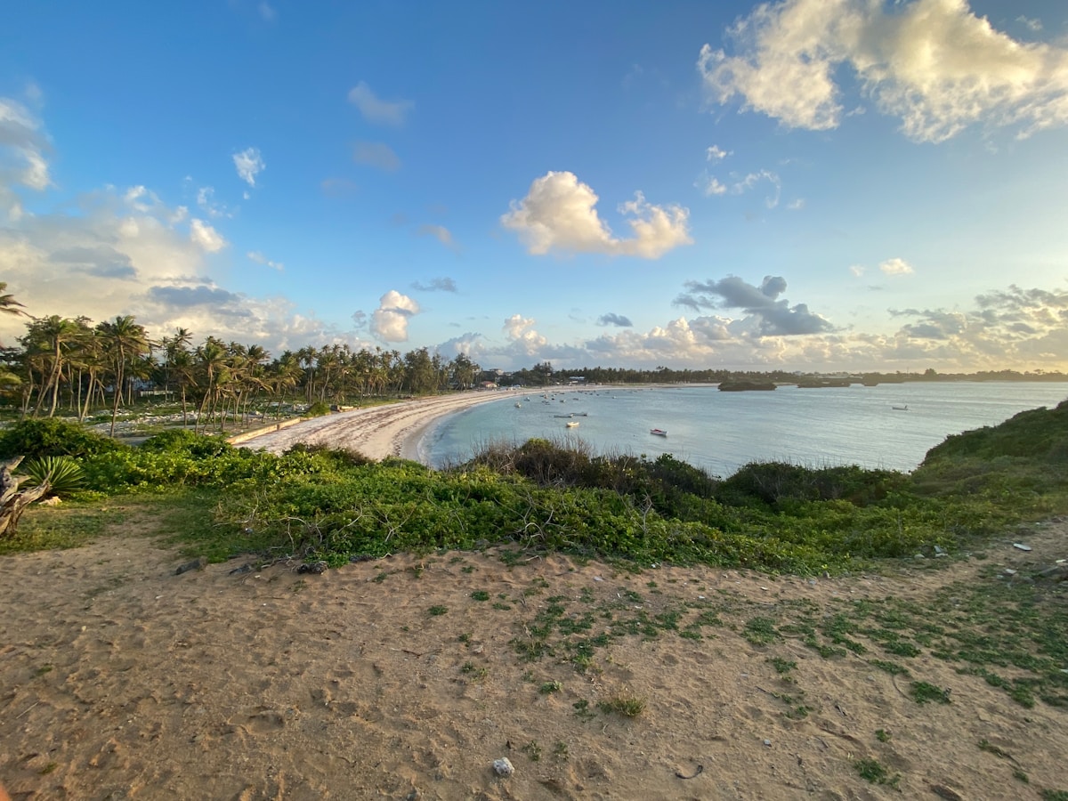 Watamu bay at sunset showing a curved white sand beach with palm trees and small boats anchored offshore, Kenya